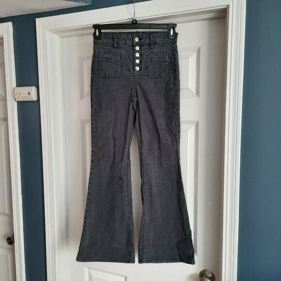 American Eagle Pants Womens 2 Gray Super Hi-Rise Flare Sailor Trouser Boho Cords - Picture 1 of 12